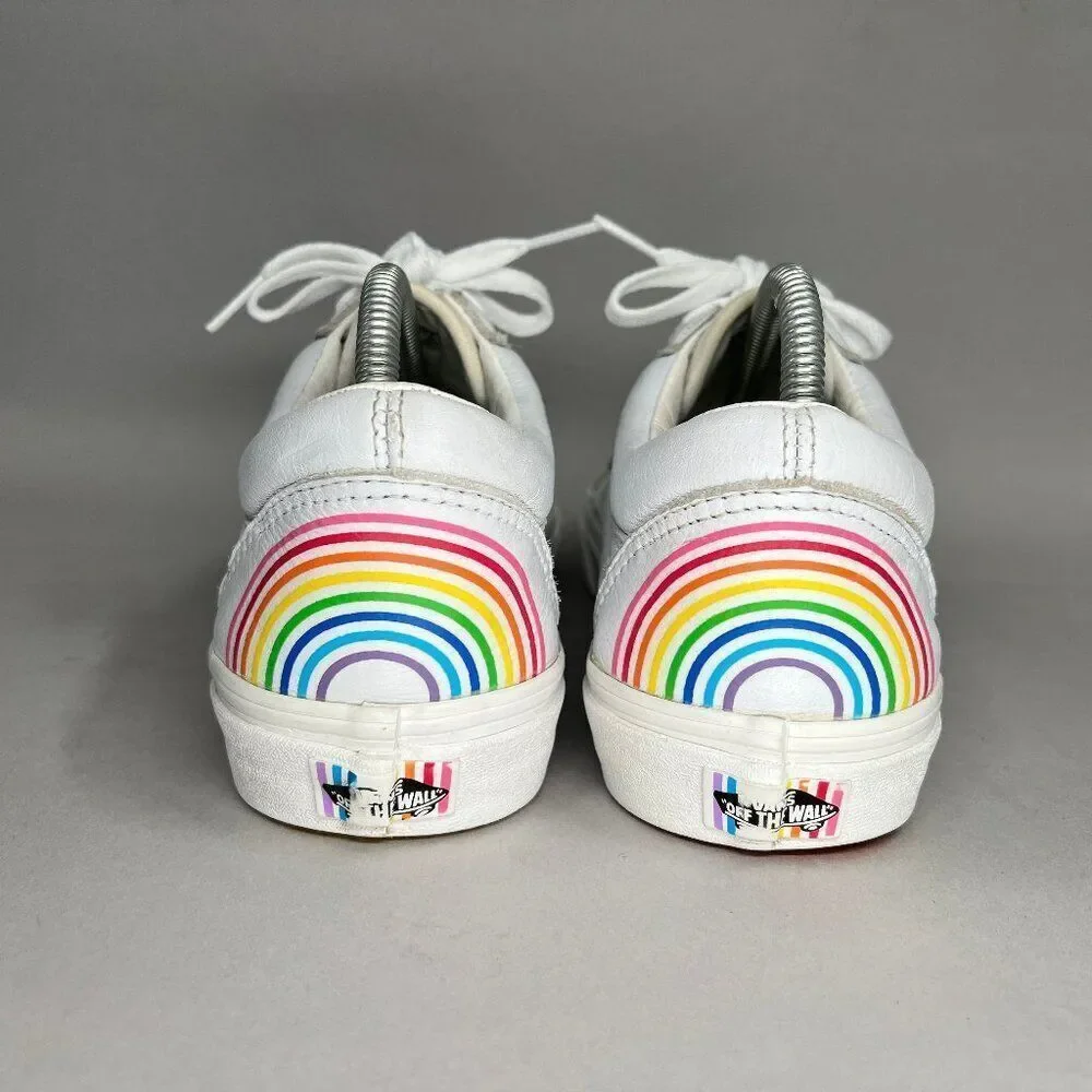 Vans Flour Shop Sneakers Women's Size 10.5 White Leather Old Skool Rainbow Shoes